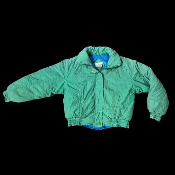 Vintage Green Puffer Coat Jacket Womens Medium 1990s Mixed Blues Nylon Down - Picture 2 of 7